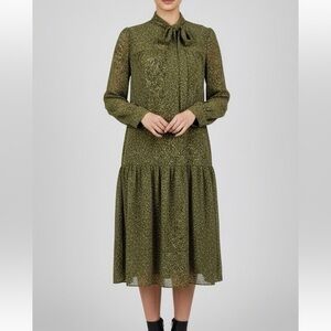 mikael aghal belted pleated midi dress MIKAEL AGHAL Pussy-bow belted crepe midi dress